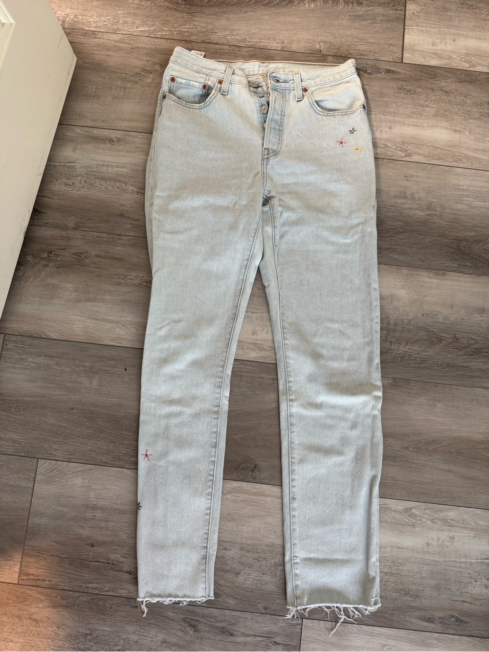 Levi's 501 90s Light Blue Straight Leg Jeans with Flower Embroidery